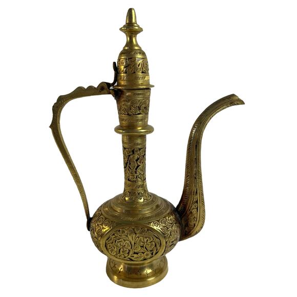 Solid Brass " Tea Pot " from India with Hinged top 8 1/2 inches tall very ornate - Picture 1 of 9